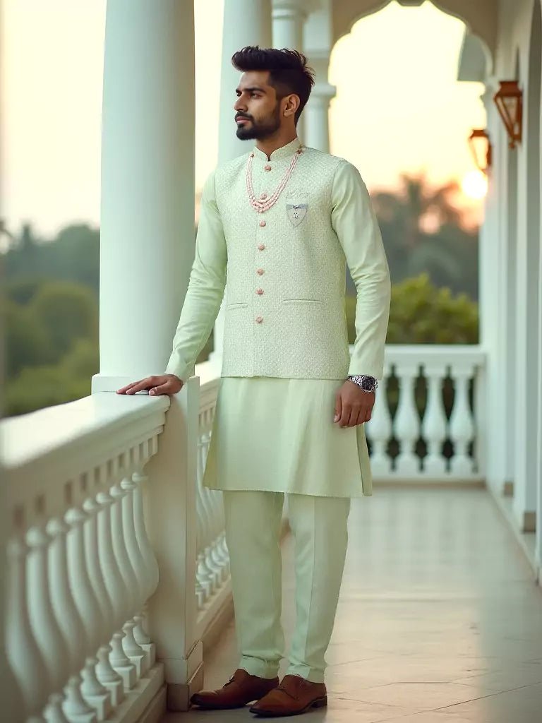 Image of Pista Green Self Design Milky Silk Embellished Work Kurta Set With Mala - South India Shopping Mall