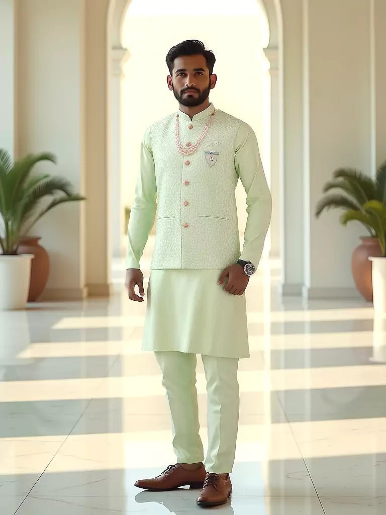 Image of Pista Green Self Design Milky Silk Embellished Work Kurta Set With Mala - South India Shopping Mall