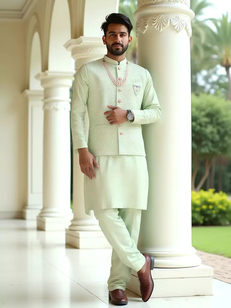 Image of Pista Green Self Design Milky Silk Embellished Work Kurta Set With Mala - South India Shopping Mall