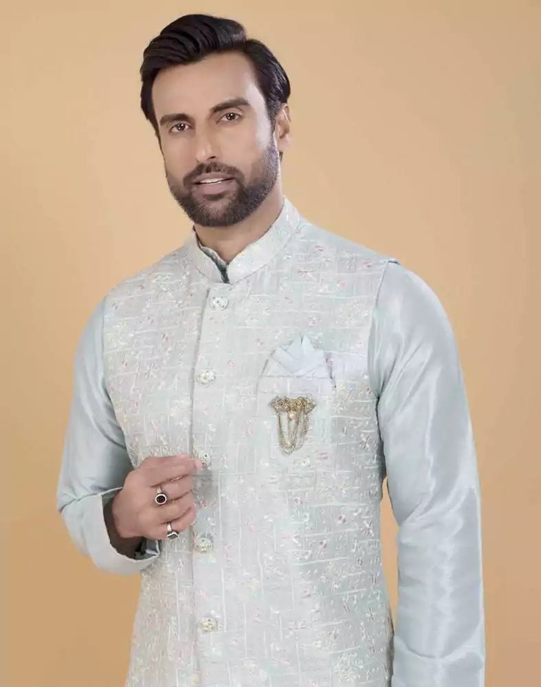 Image of Pista Green Self Jacquard With Embroidery Finishing Jacket For Party Styles - South India Shopping Mall