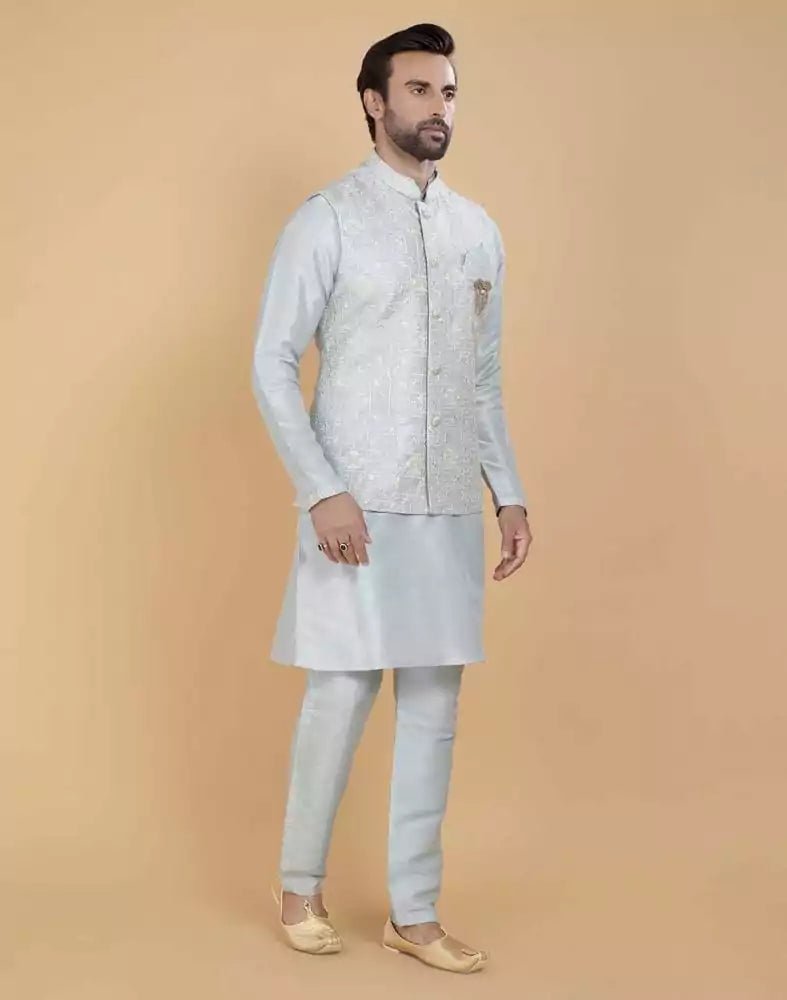 Image of Pista Green Self Jacquard With Embroidery Finishing Jacket For Party Styles - South India Shopping Mall