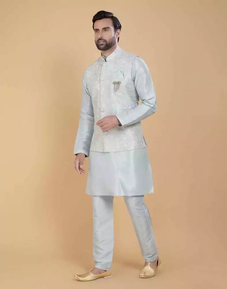 Image of Pista Green Self Jacquard With Embroidery Finishing Jacket For Party Styles - South India Shopping Mall