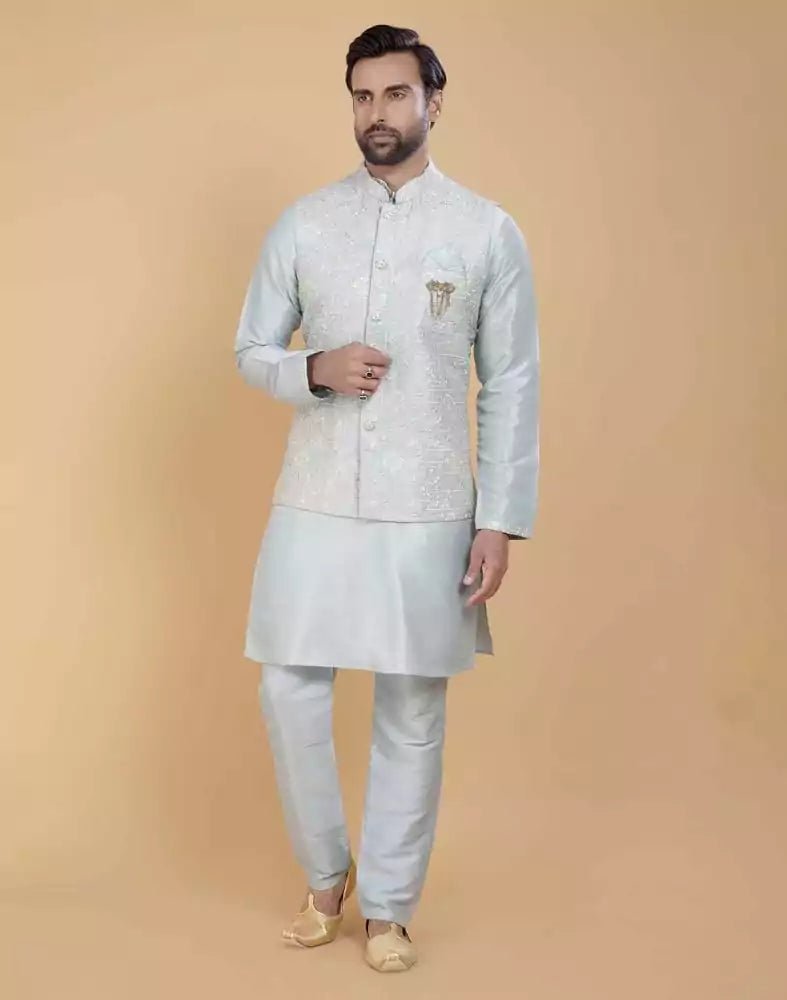 Image of Pista Green Self Jacquard With Embroidery Finishing Jacket For Party Styles - South India Shopping Mall