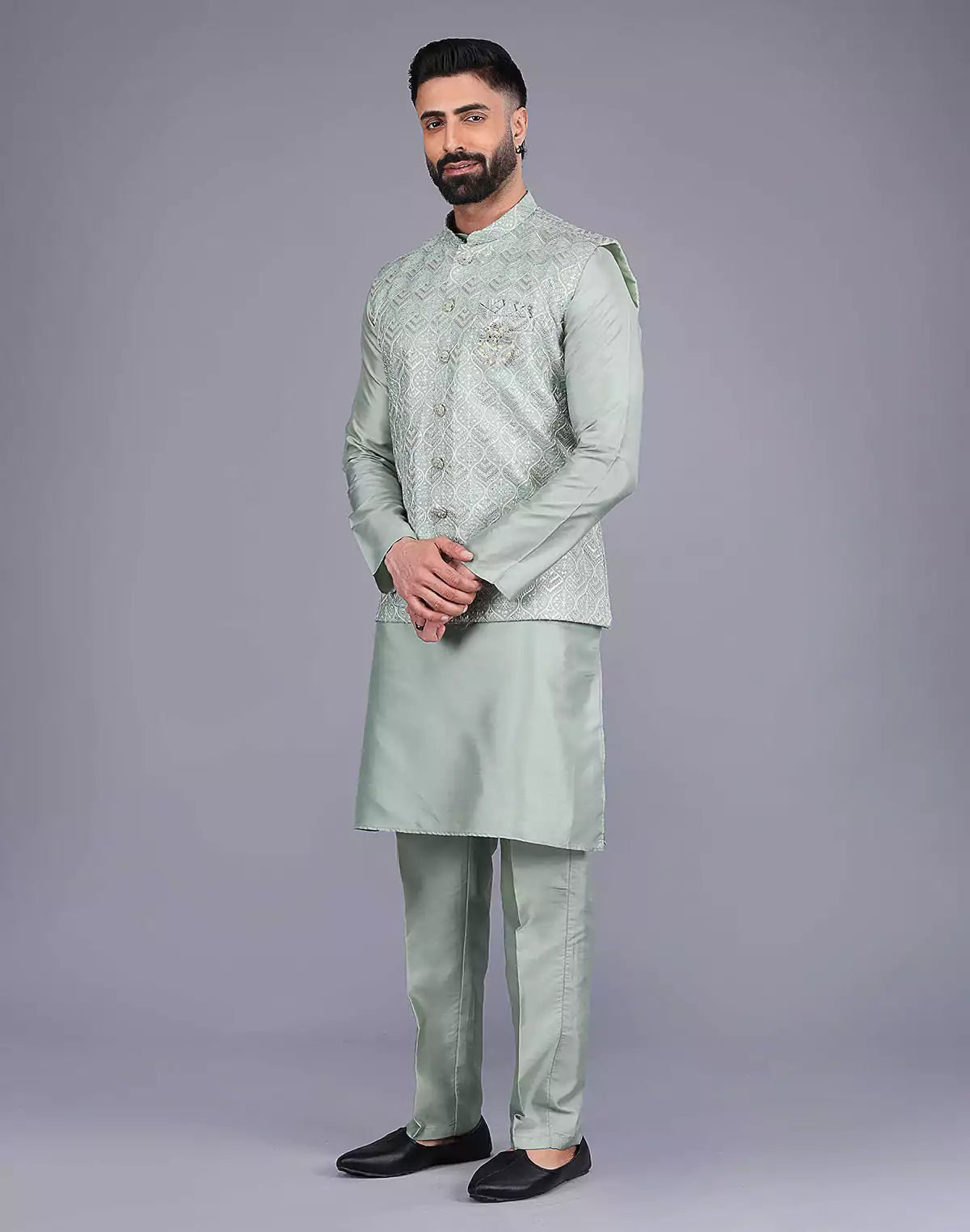Image of Pista Green Sequence With Embroidery Work Party Wear Kurta Jacket Set - South India Shopping Mall