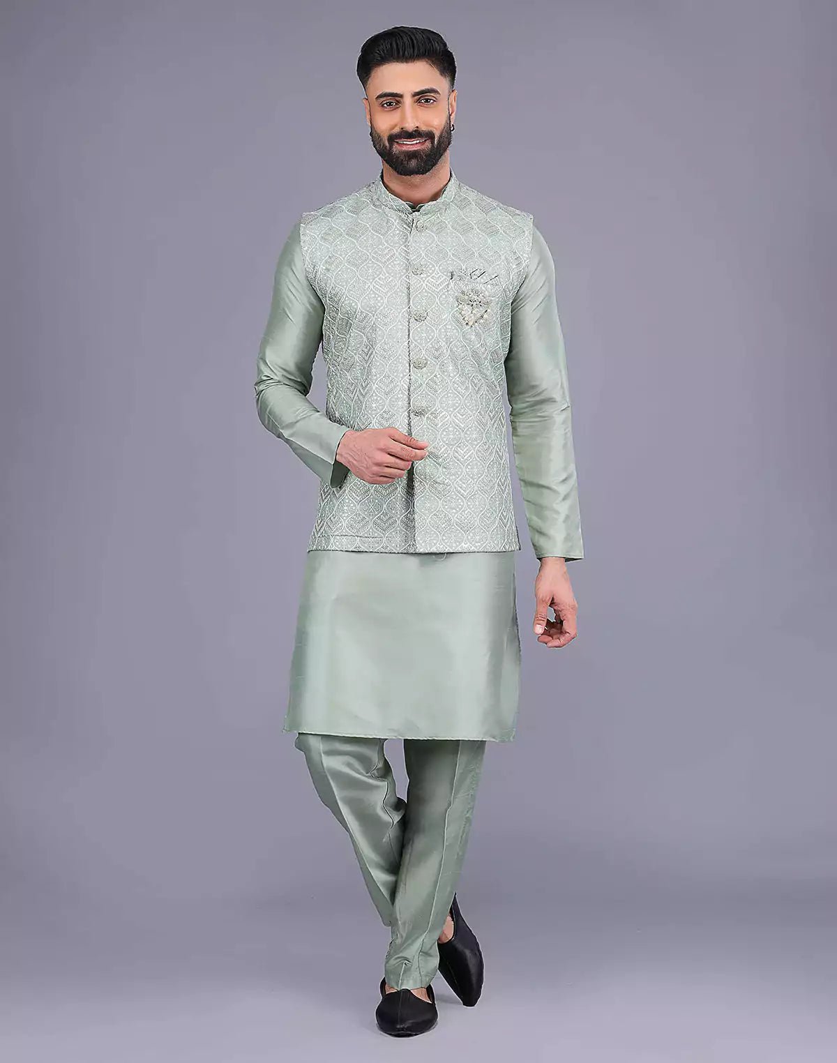 Image of Pista Green Sequence With Embroidery Work Party Wear Kurta Jacket Set - South India Shopping Mall