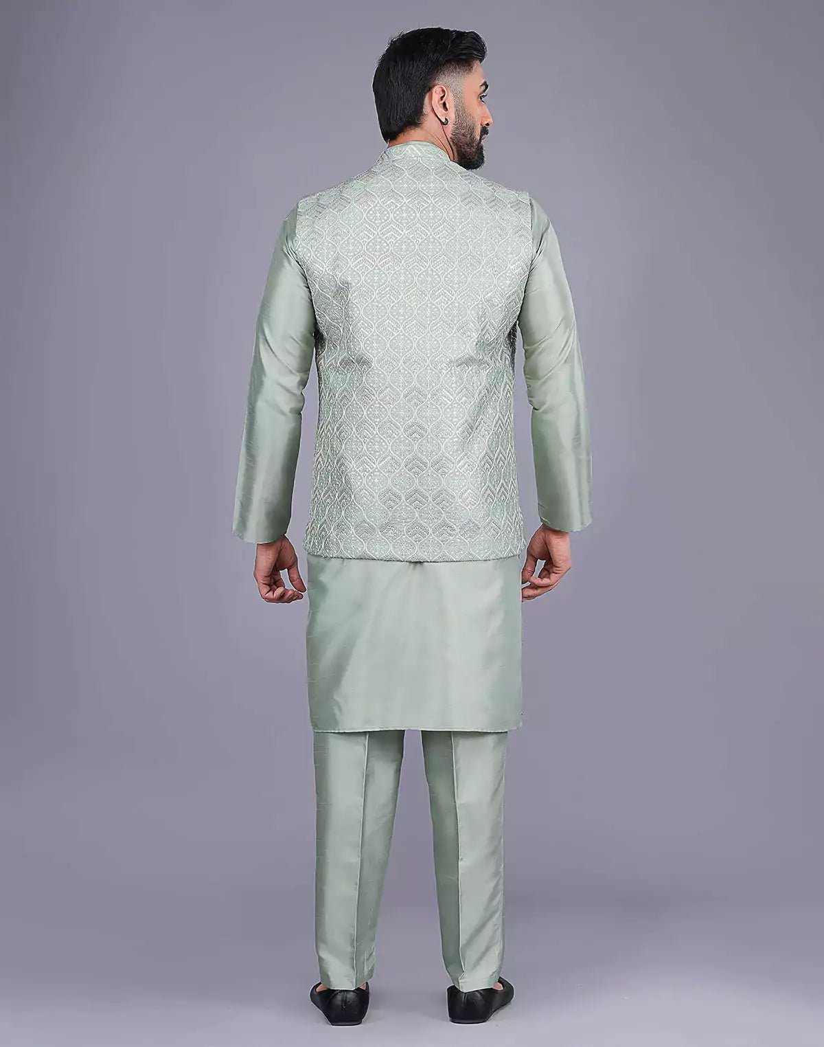 Image of Pista Green Sequence With Embroidery Work Party Wear Kurta Jacket Set - South India Shopping Mall