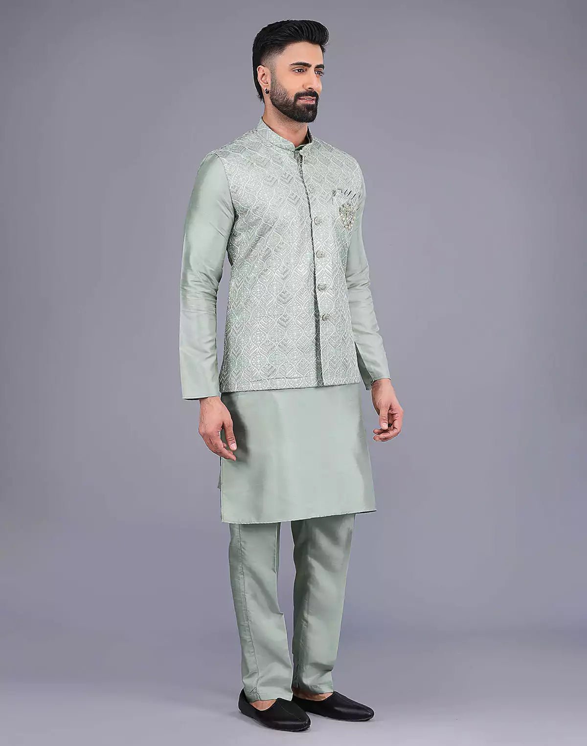Image of Pista Green Sequence With Embroidery Work Party Wear Kurta Jacket Set - South India Shopping Mall