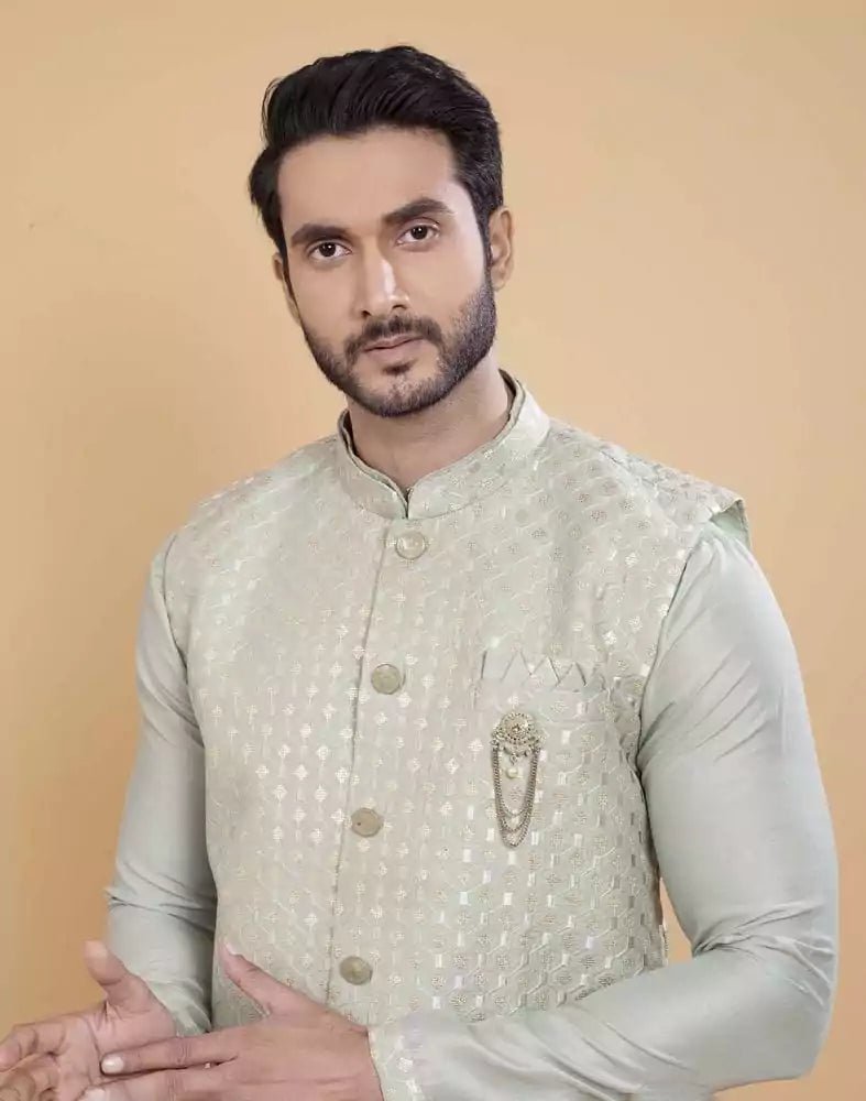 Image of Pista Green Soft Kurta With Raw Silk Sequence Work Jacket Style - South India Shopping Mall