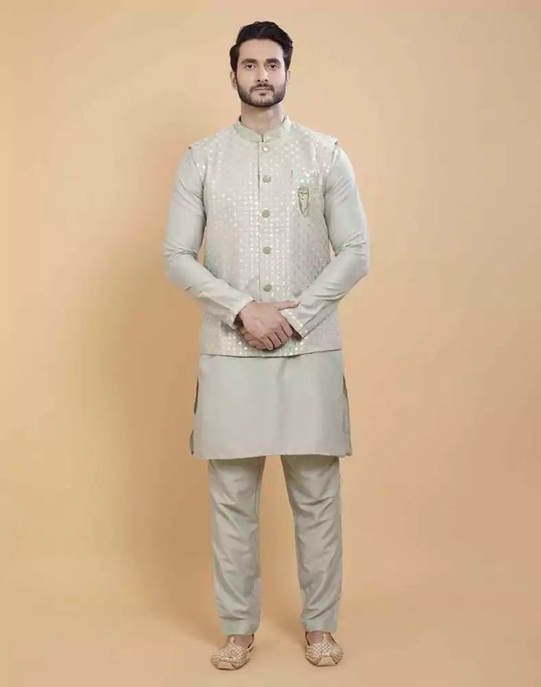 Image of Pista Green Soft Kurta With Raw Silk Sequence Work Jacket Style - South India Shopping Mall