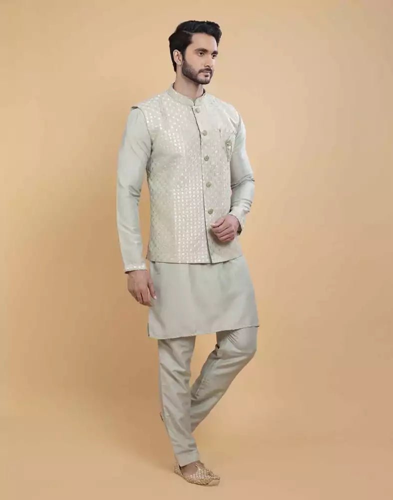 Image of Pista Green Soft Kurta With Raw Silk Sequence Work Jacket Style - South India Shopping Mall