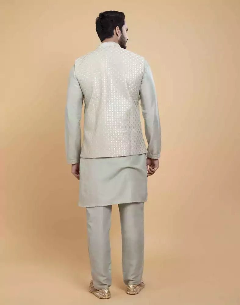 Image of Pista Green Soft Kurta With Raw Silk Sequence Work Jacket Style - South India Shopping Mall