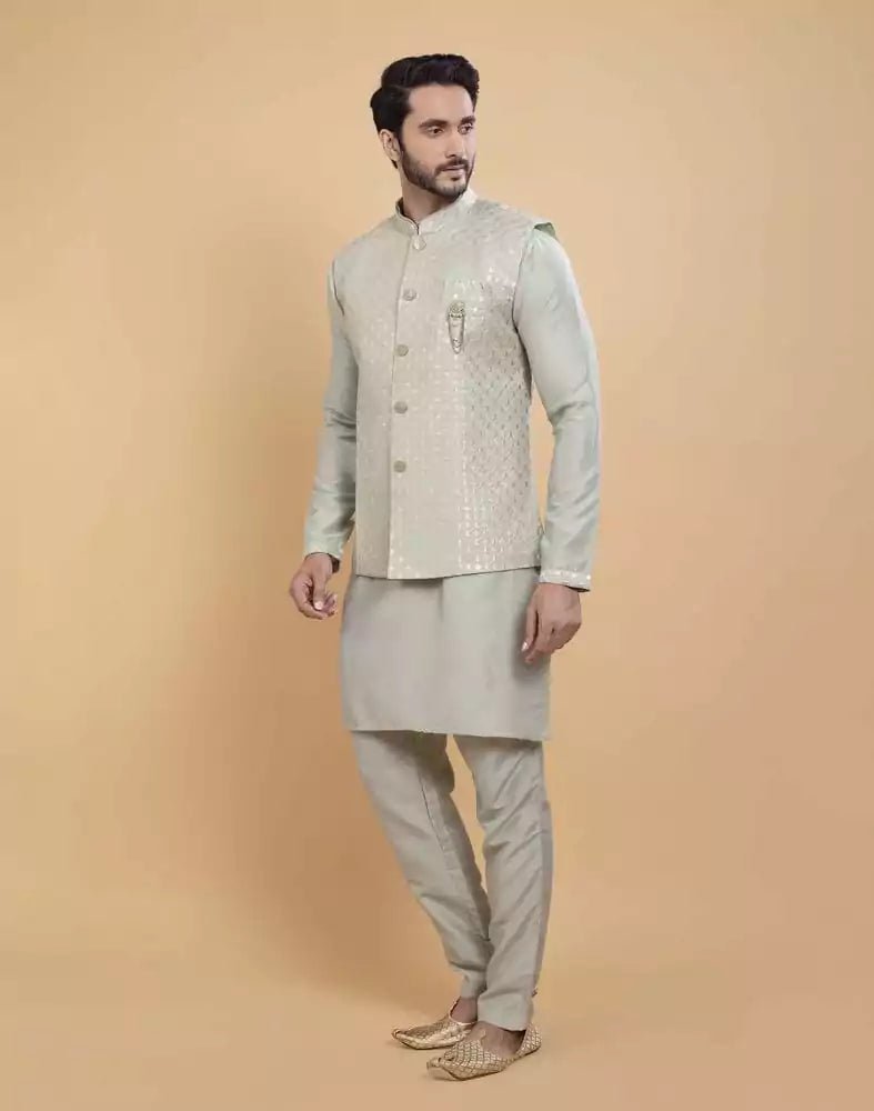 Image of Pista Green Soft Kurta With Raw Silk Sequence Work Jacket Style - South India Shopping Mall