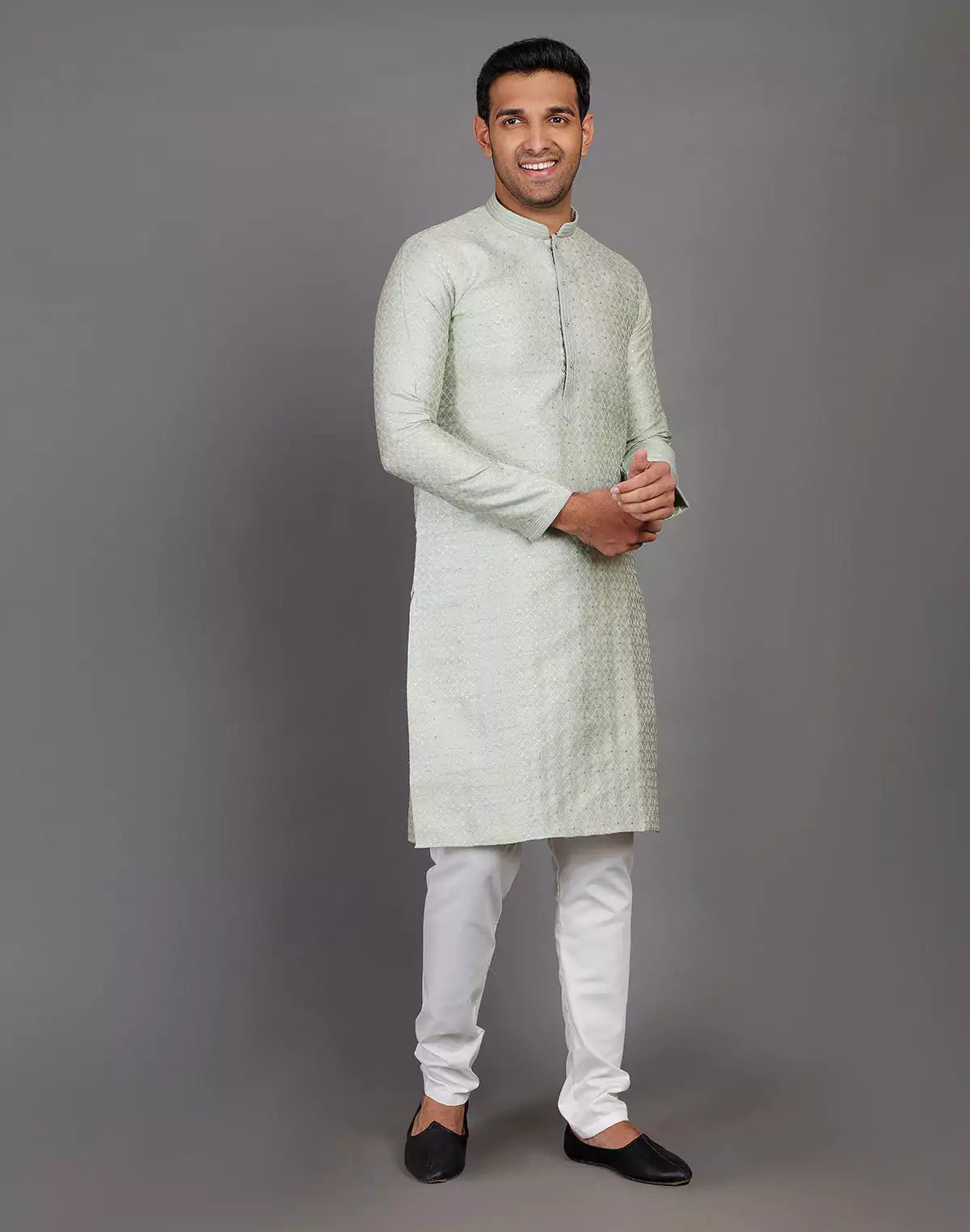 Image of Pista Green Thread With Brocade Design Soft Silk Kurta Set - South India Shopping Mall