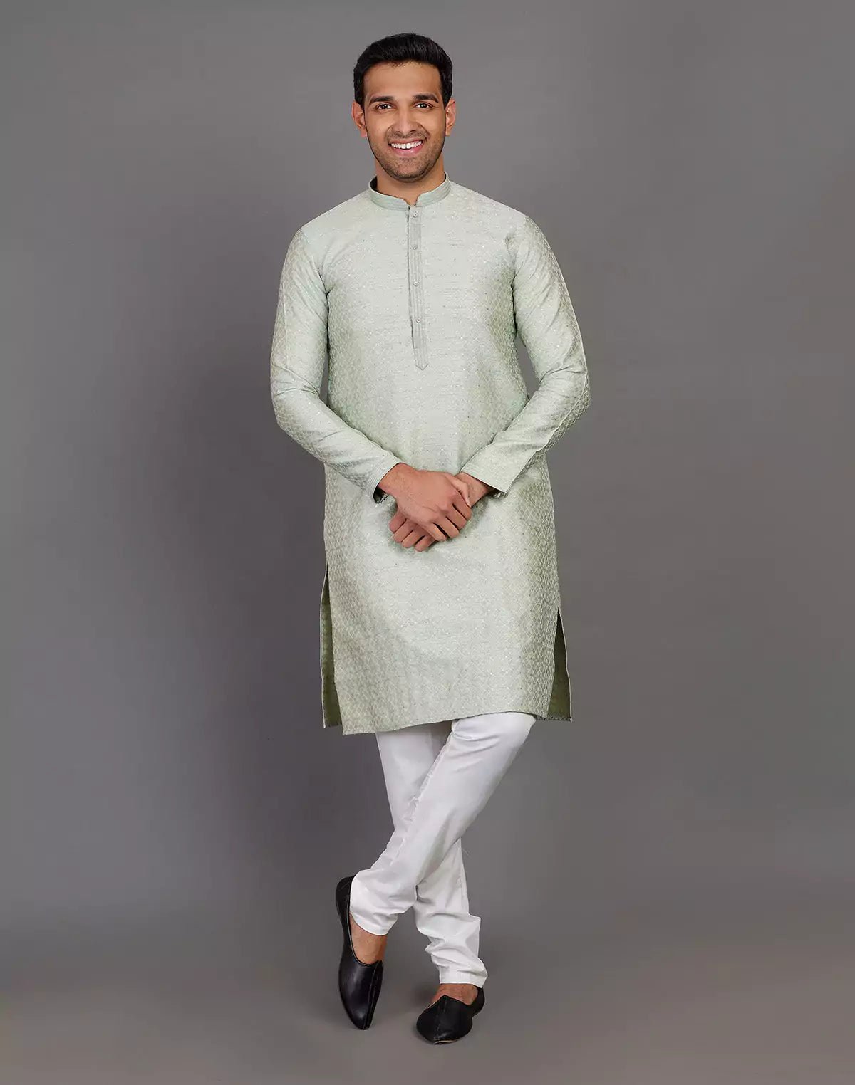 Image of Pista Green Thread With Brocade Design Soft Silk Kurta Set - South India Shopping Mall
