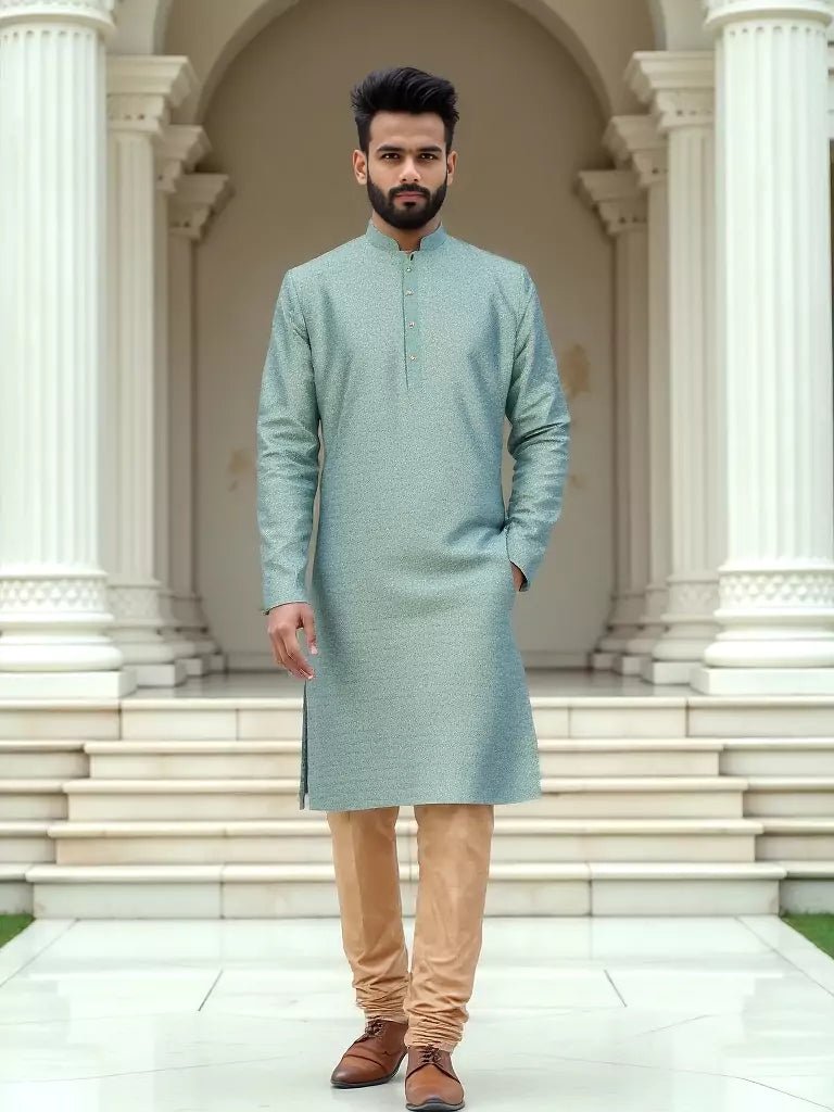 Image of Pista Green Woven Design Jacquard Kurta with Pyjamas - South India Shopping Mall