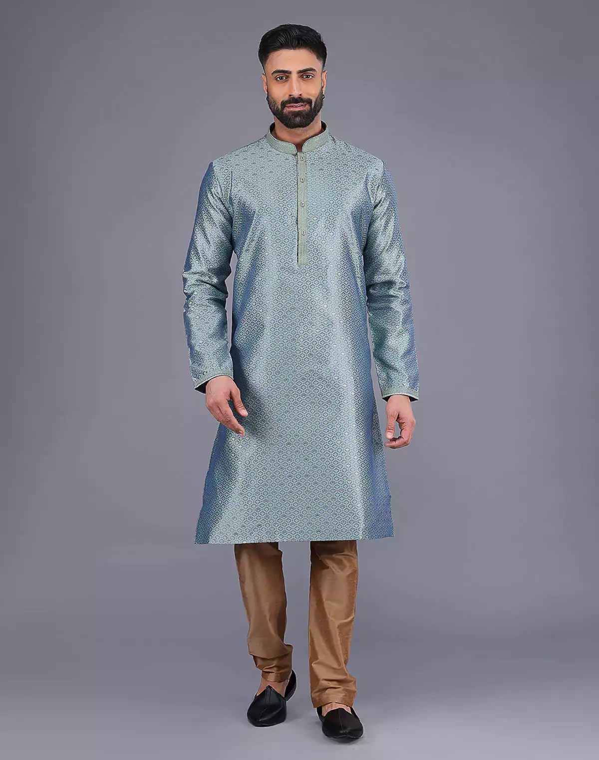 Image of Pista Self Bootis and Weaving Soft Silk Kurta Set - South India Shopping Mall