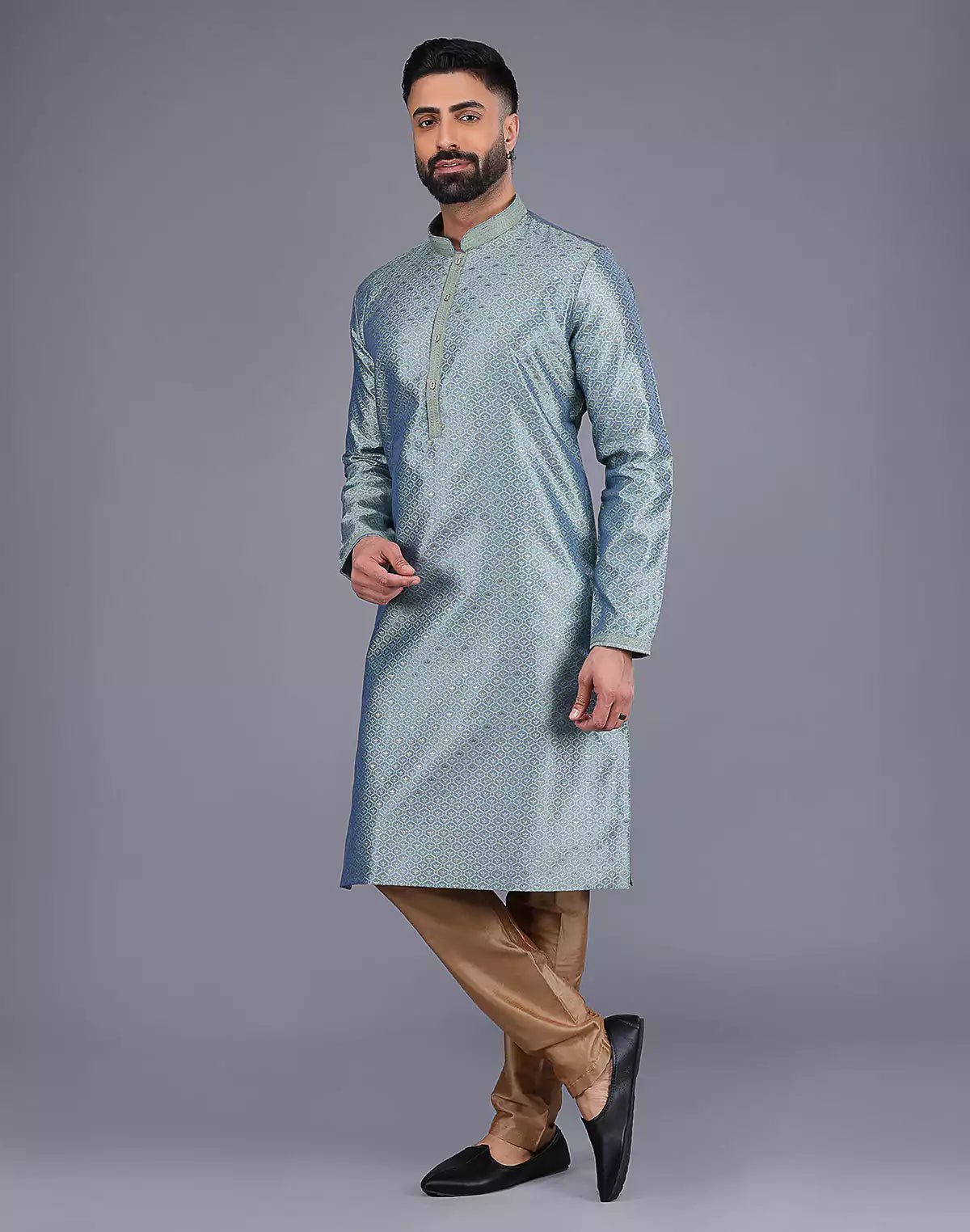 Image of Pista Self Bootis and Weaving Soft Silk Kurta Set - South India Shopping Mall