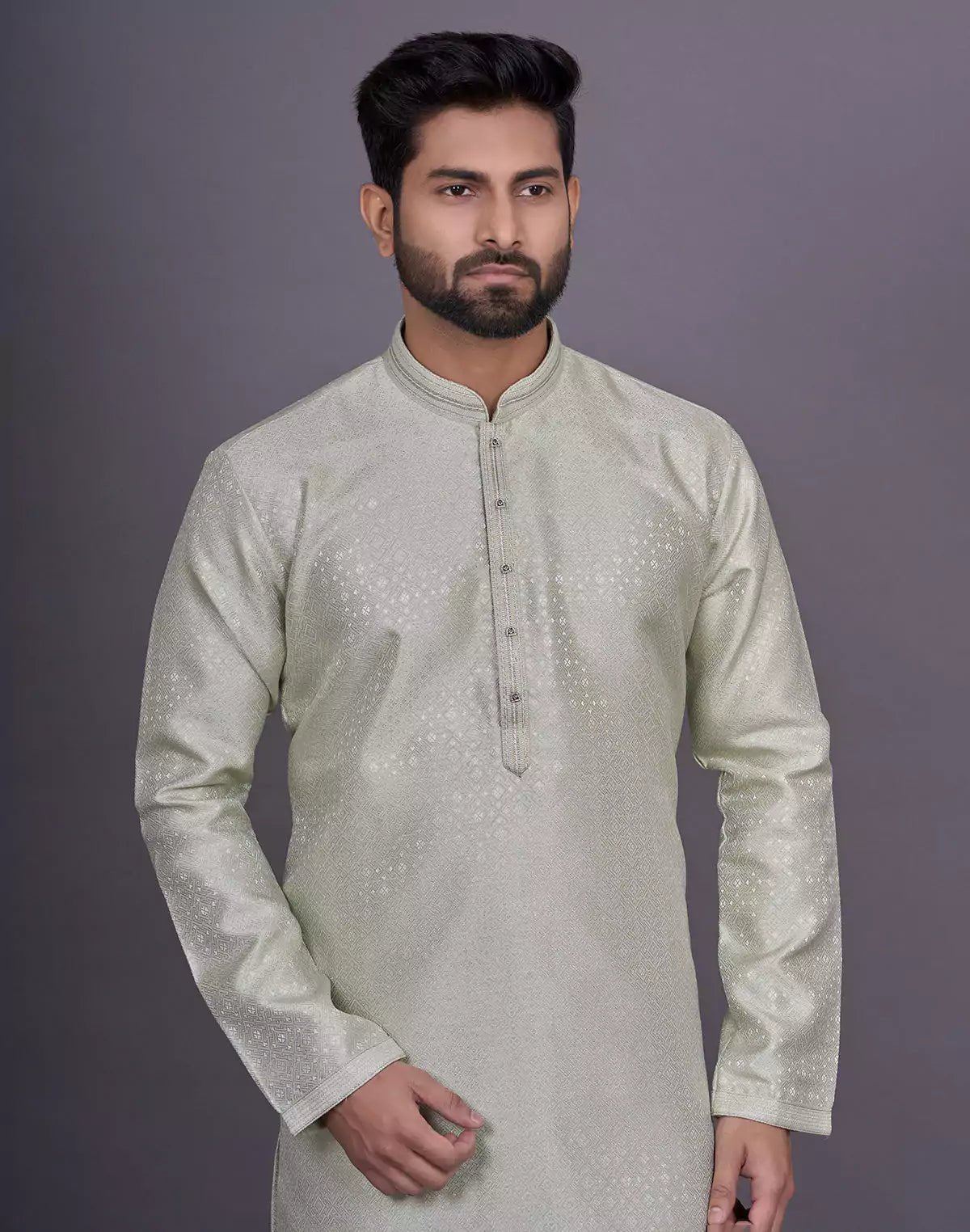 Image of Pista Self Geometric Design Jacquard Kurta Pajama - South India Shopping Mall