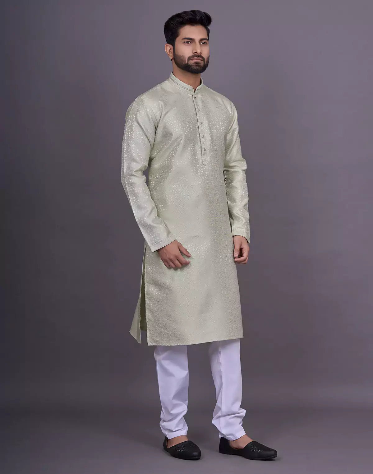 Image of Pista Self Geometric Design Jacquard Kurta Pajama - South India Shopping Mall