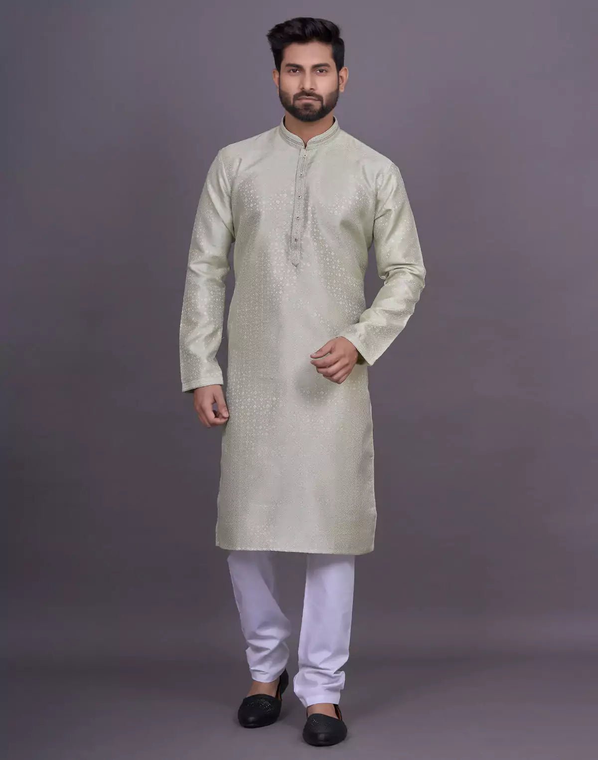 Image of Pista Self Geometric Design Jacquard Kurta Pajama - South India Shopping Mall