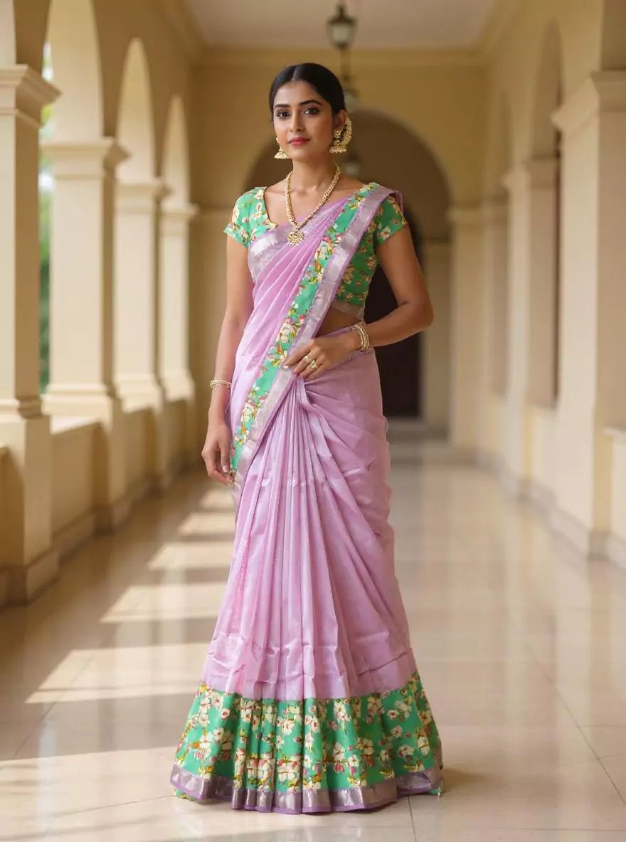 Image of Plain Mangalagiri Silk Purple Saree with Kalamkari Border - South India Shopping Mall