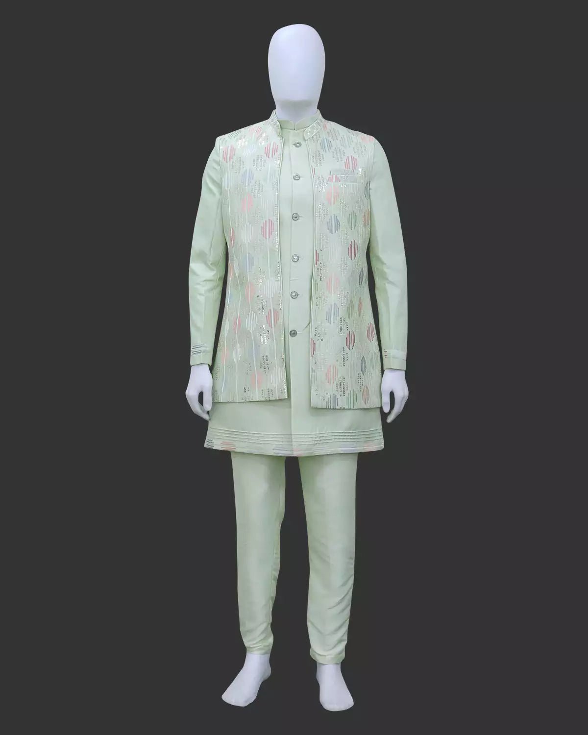 Image of Playful Sea Green Thread and Embellished work Milky Silk Indo - Open Jacket - South India Shopping Mall