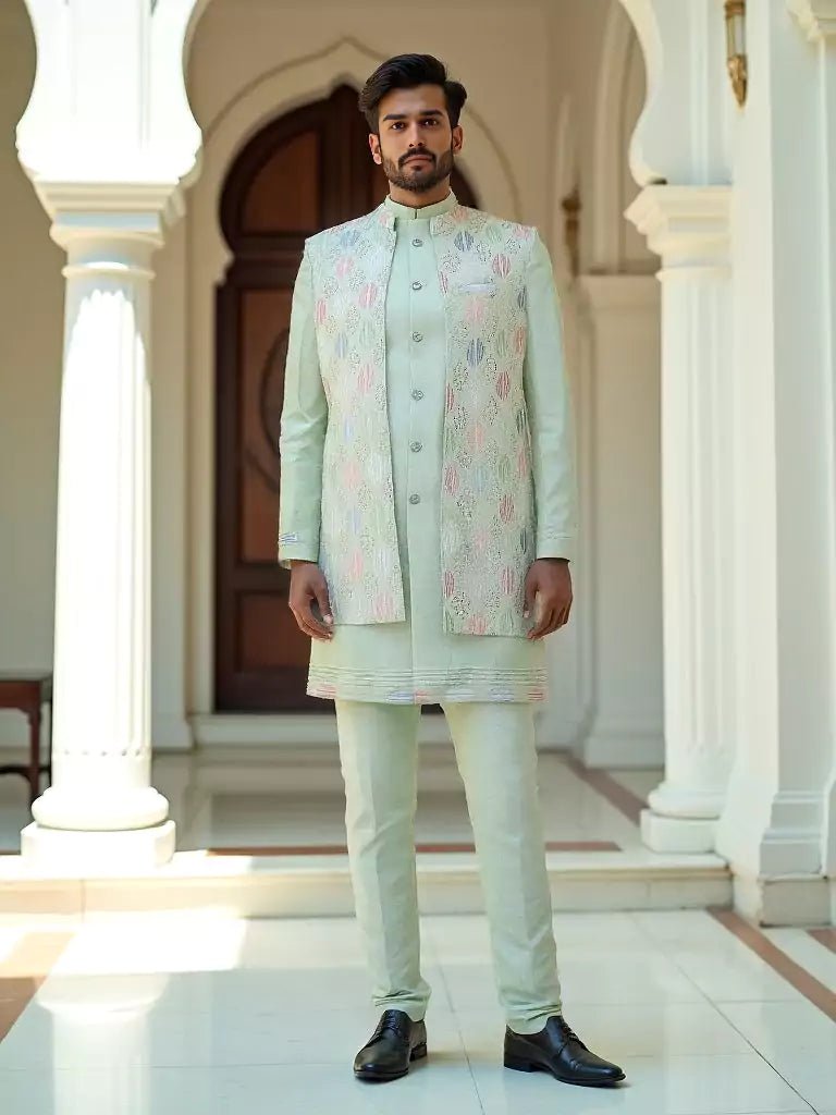 Image of Playful Sea Green Thread and Embellished work Milky Silk Indo - Open Jacket - South India Shopping Mall