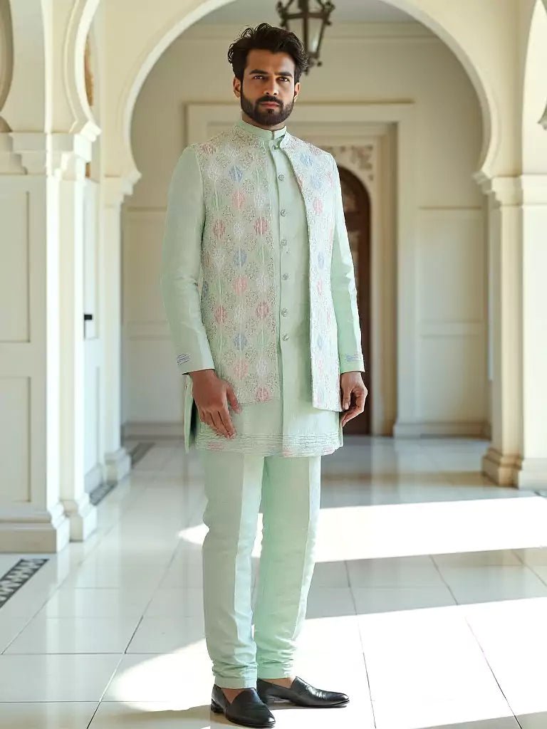 Image of Playful Sea Green Thread and Embellished work Milky Silk Indo - Open Jacket - South India Shopping Mall
