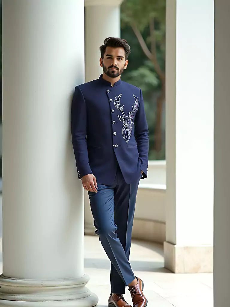 Image of Polynosic Solid Navy Blue Cutdana work Bandhgala Suit - South India Shopping Mall
