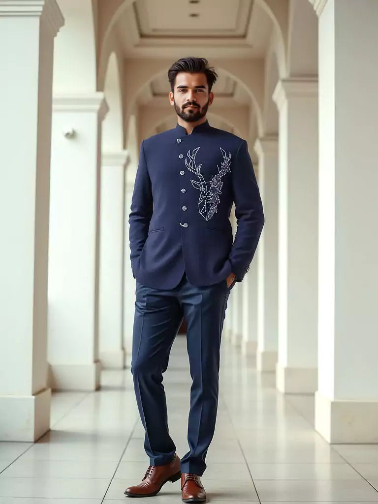 Image of Polynosic Solid Navy Blue Cutdana work Bandhgala Suit - South India Shopping Mall