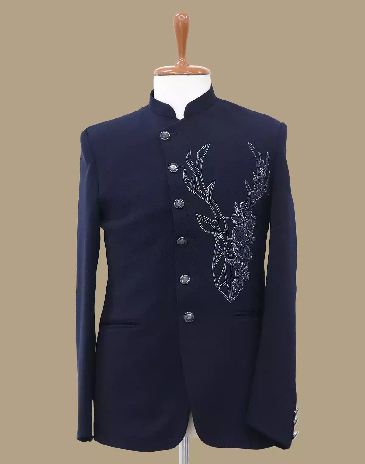Image of Polynosic Solid Navy Blue Cutdana work Bandhgala Suit - South India Shopping Mall