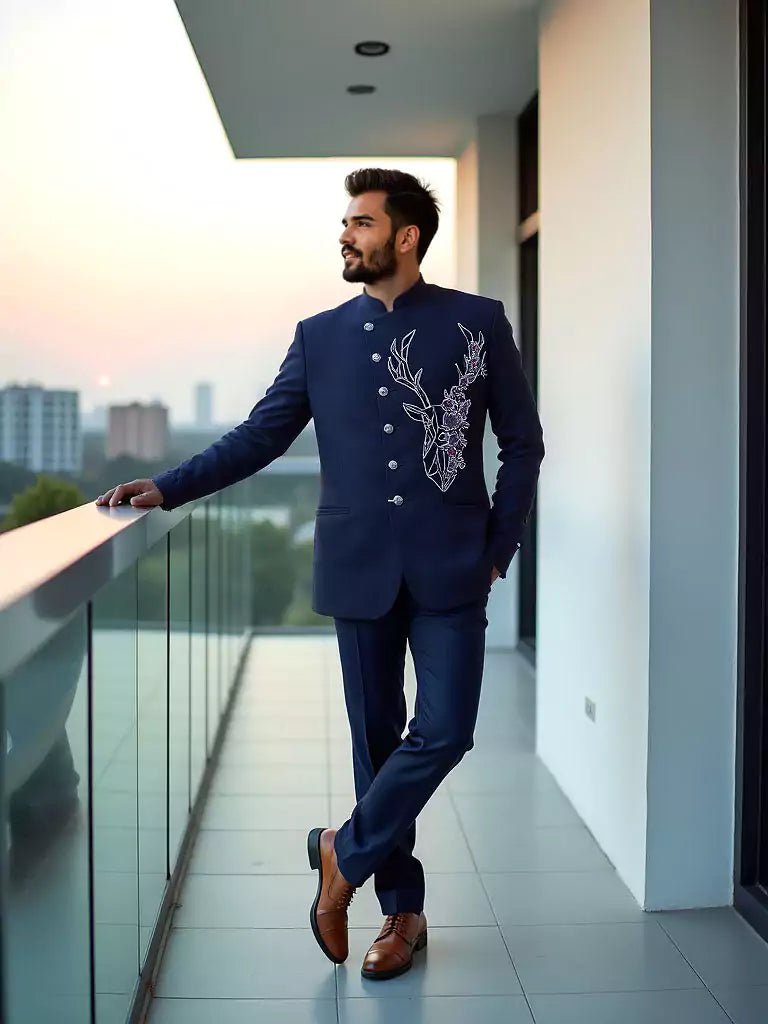 Image of Polynosic Solid Navy Blue Cutdana work Bandhgala Suit - South India Shopping Mall