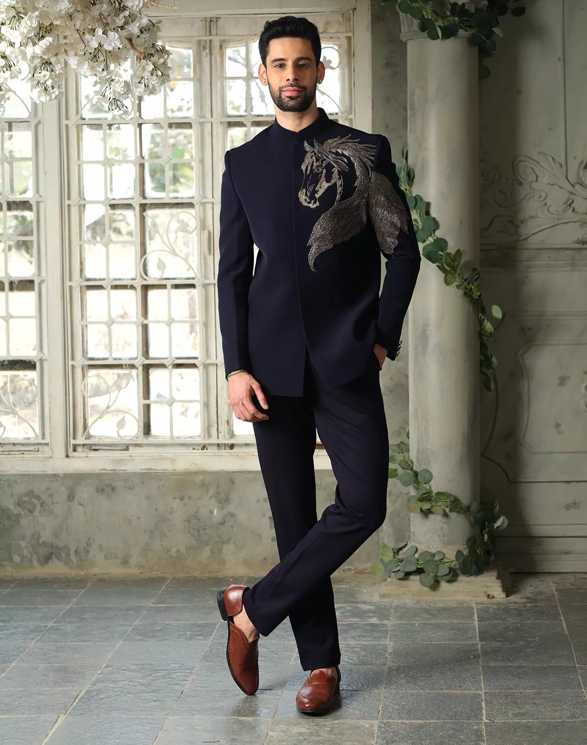 Image of Polynosic Solid Navy Blue Horse Style Cutdana work Bandhgala Suit - South India Shopping Mall
