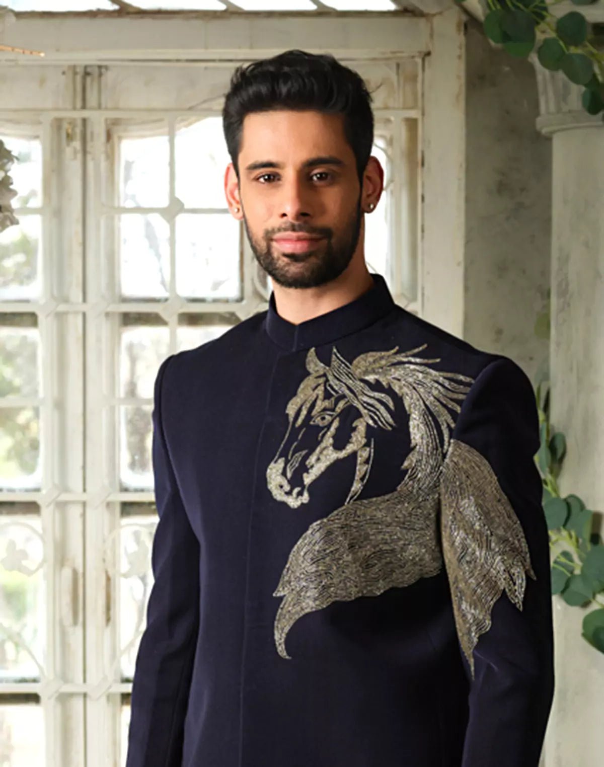 Image of Polynosic Solid Navy Blue Horse Style Cutdana work Bandhgala Suit - South India Shopping Mall