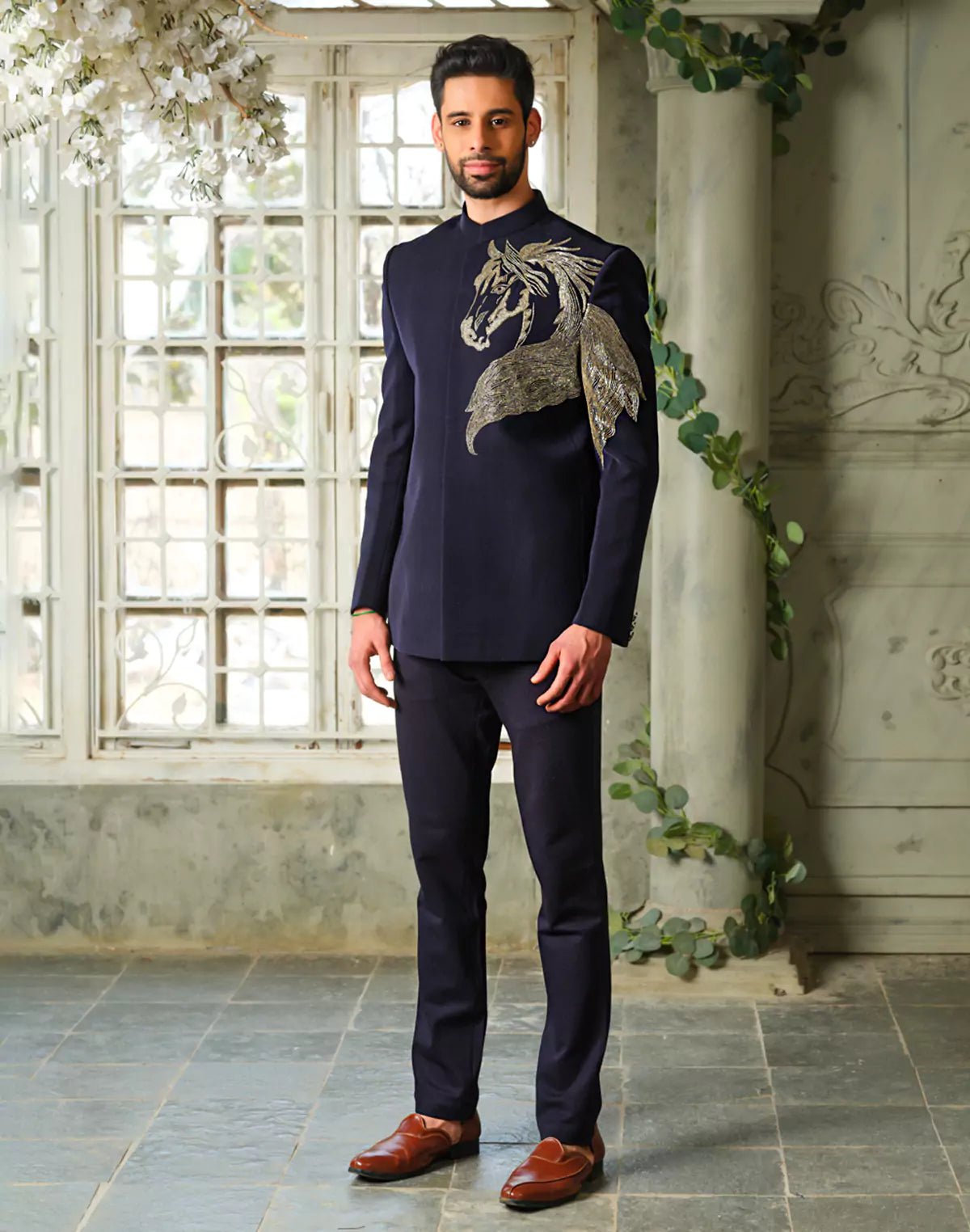 Image of Polynosic Solid Navy Blue Horse Style Cutdana work Bandhgala Suit - South India Shopping Mall