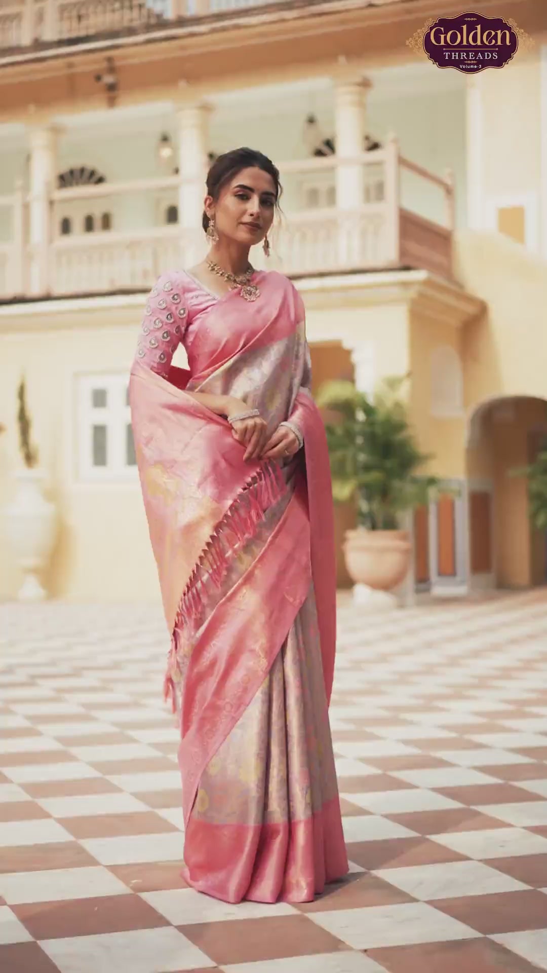 Image of Double Shaded Beige Tissue Jaal Kanchipuram Pure Silk Saree With Contrast Boder