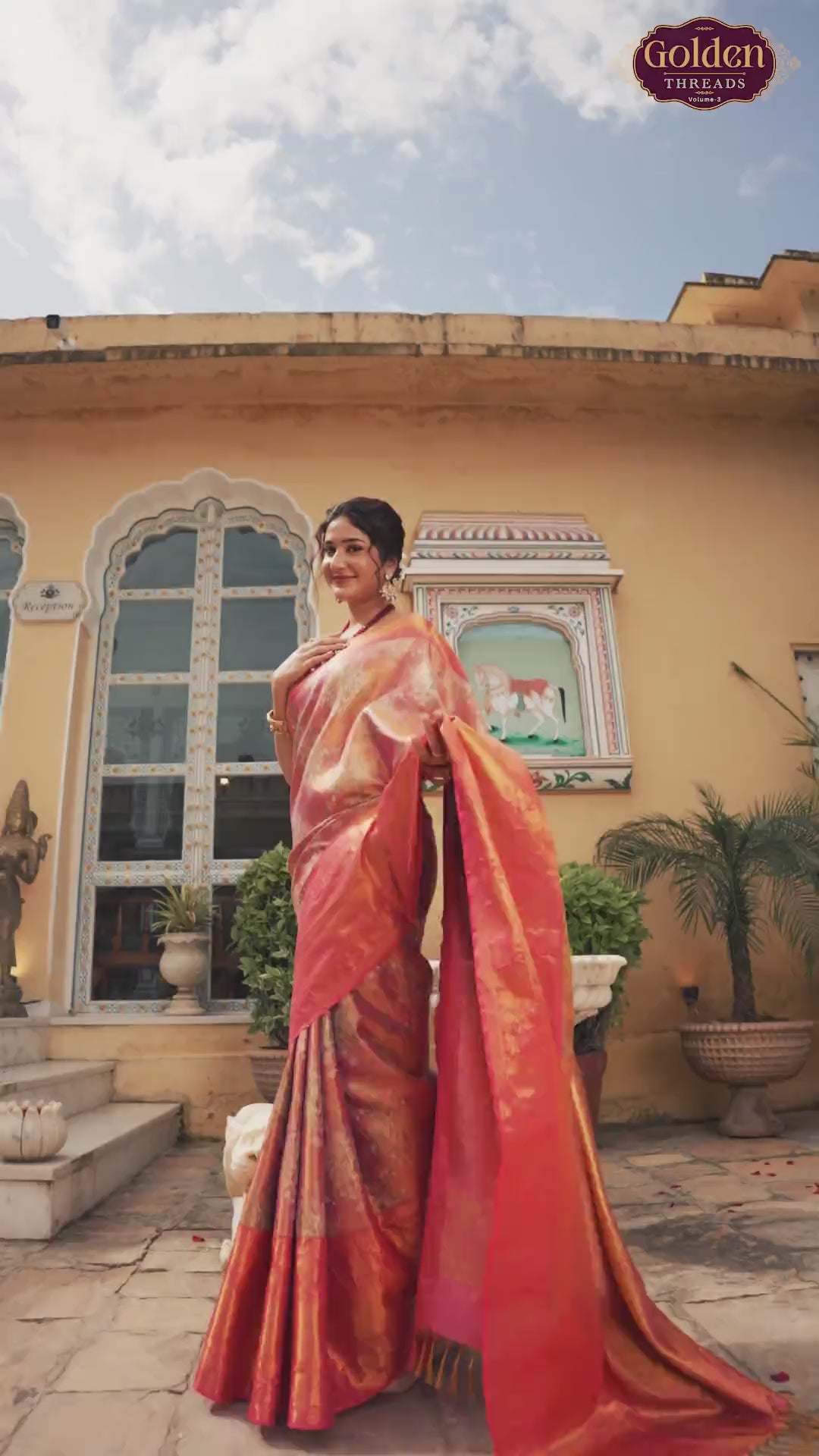 Double Shaded Peach Tissue Jaal Skut Border Saree