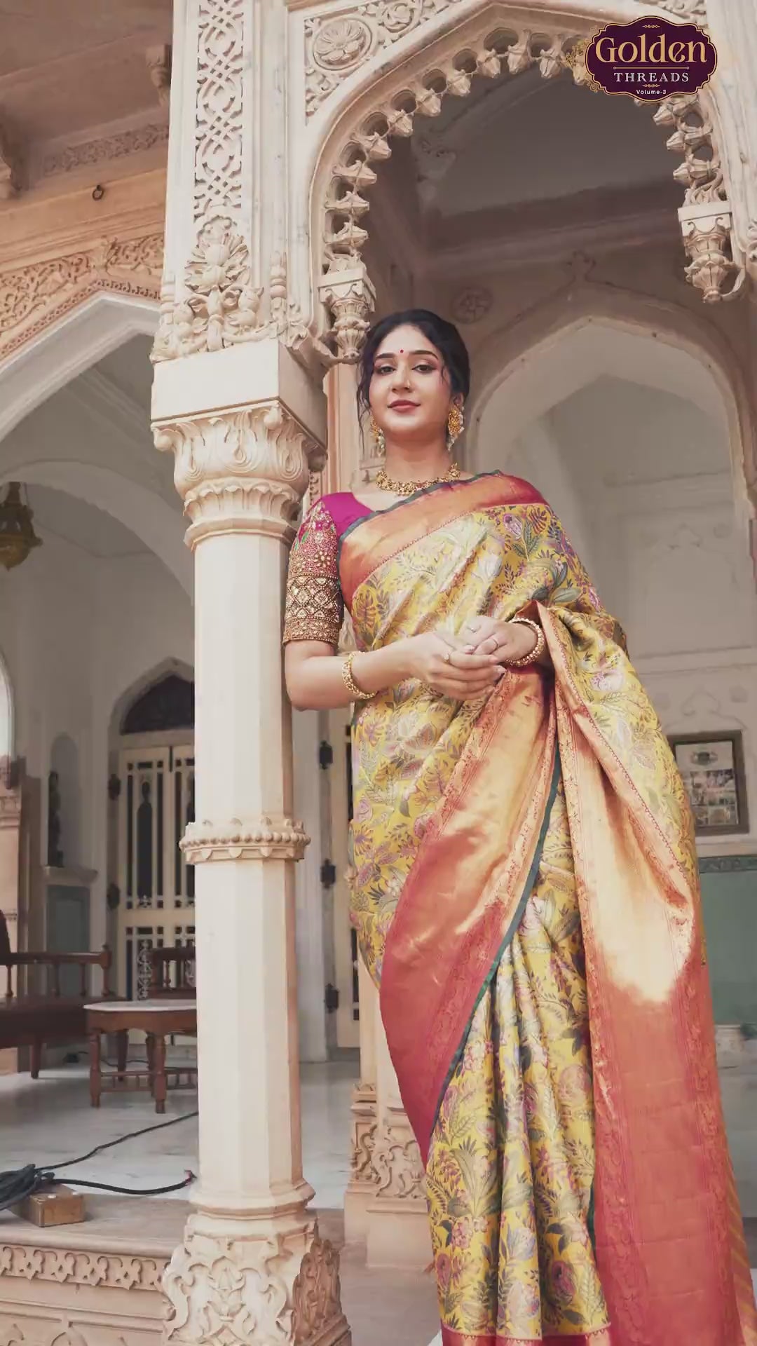 Image of Mustard Floral Design Kanchipuram Pure Silk Contrast Border Saree