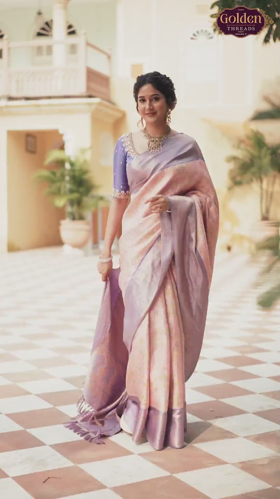 Image of Light Pink Floral Kanchipuram Pure Silk Saree With Contrast Skut Border