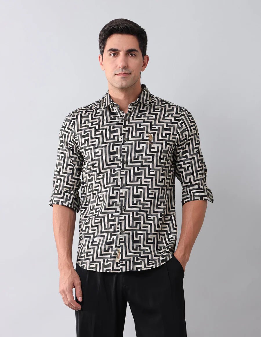 Image of Printed Dark Grey Denim Co Men's Casual Cotton Shirt - South India Shopping Mall