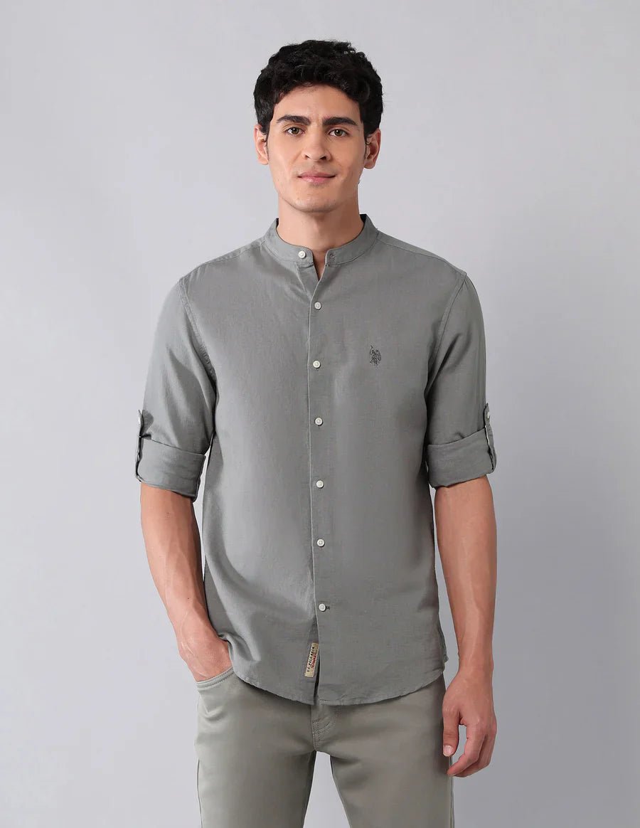 Image of Pure Cotton Dark Grey Solid Denim Co Full Sleeve Shirt - South India Shopping Mall