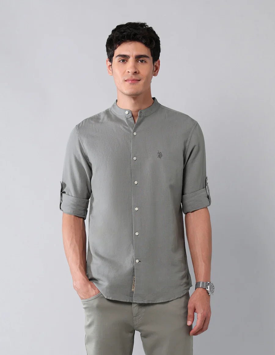 Image of Pure Cotton Dark Grey Solid Denim Co Full Sleeve Shirt - South India Shopping Mall