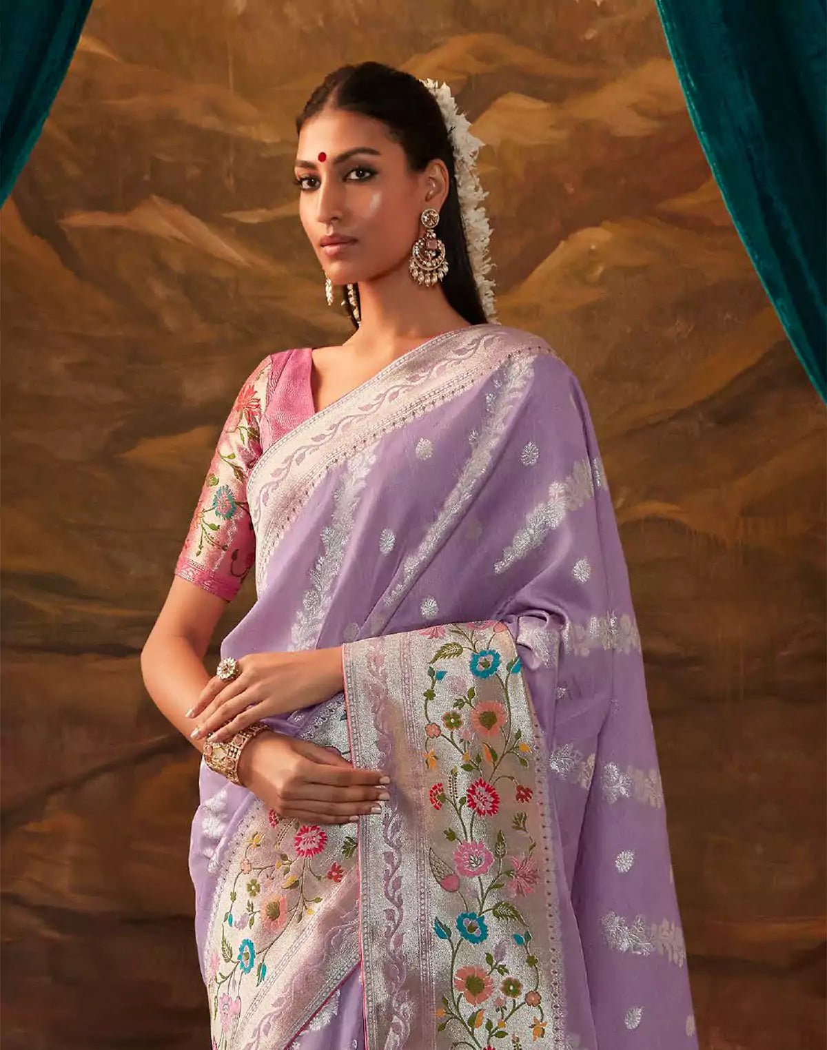 Purple Coloured Floral Paithani Banarasi Dola Silk Saree - South India Shopping Mall