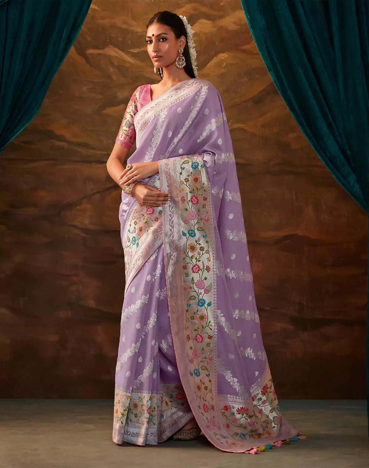 Image of Purple Coloured Floral Paithani Banarasi Dola Silk Saree - South India Shopping Mall