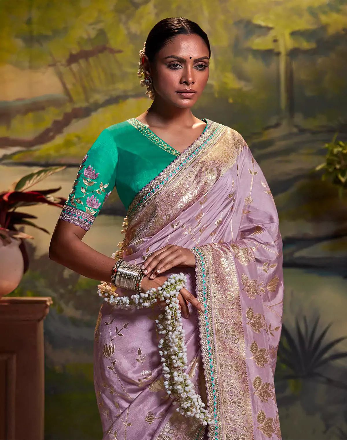 Image of Purple Coloured Pure Dola Silk Floral Saree With Fancy Lace Border - South India Shopping Mall