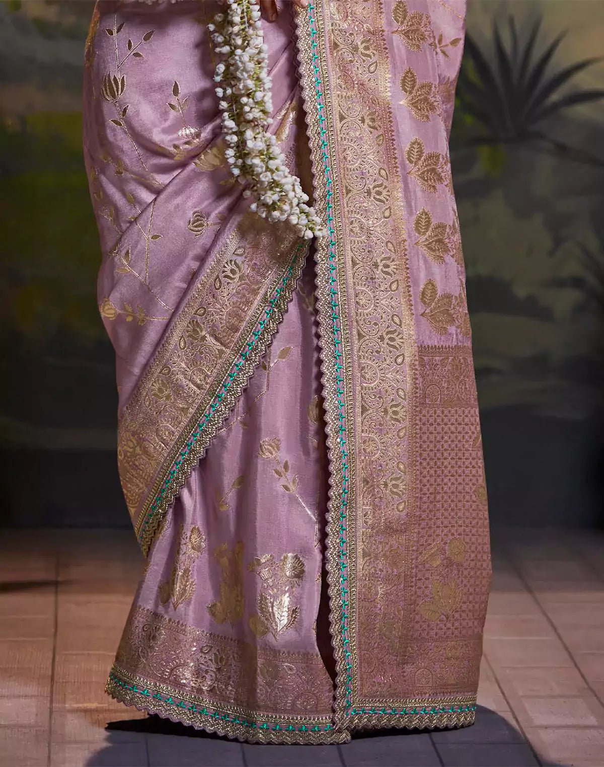 Image of Purple Coloured Pure Dola Silk Floral Saree With Fancy Lace Border - South India Shopping Mall