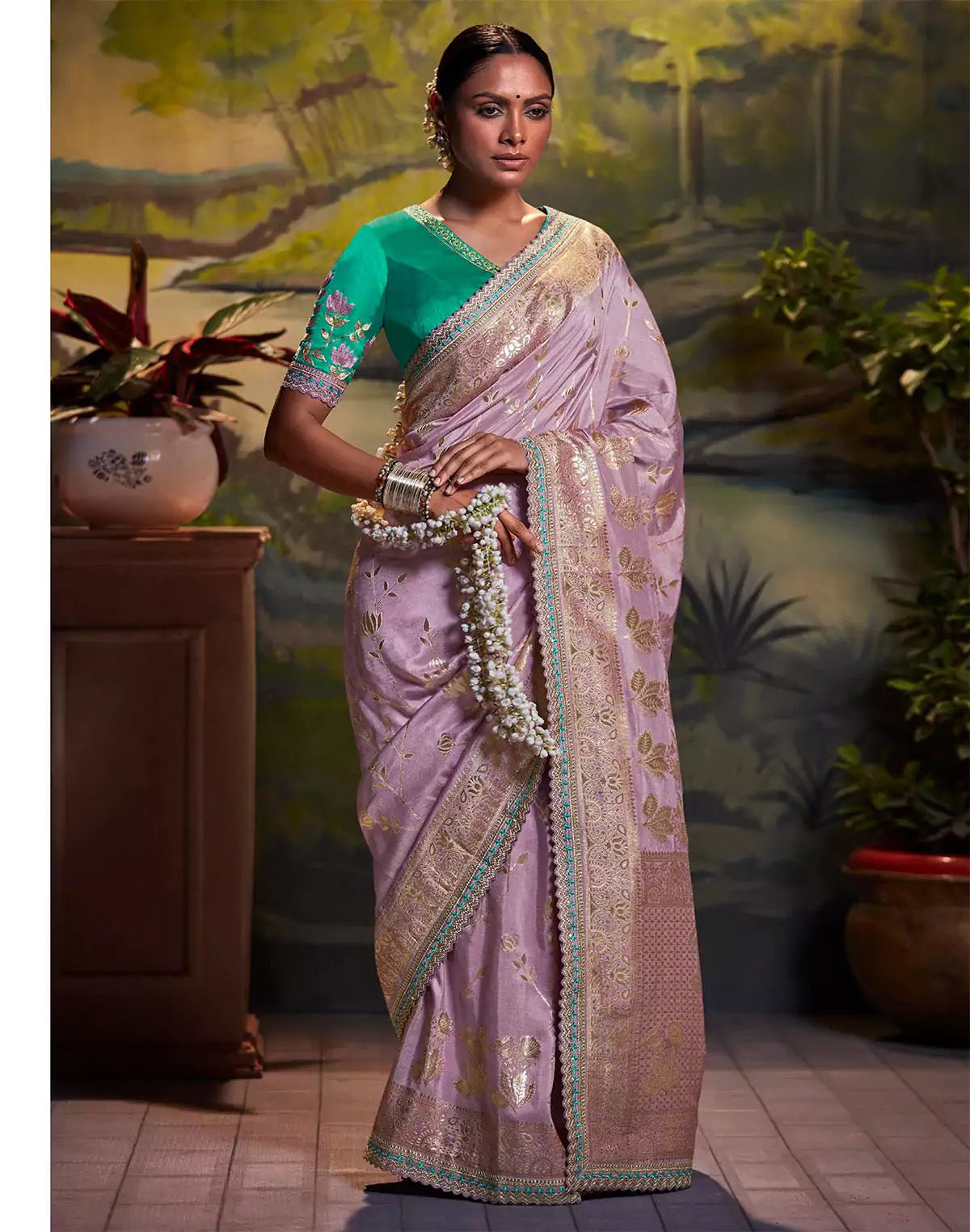 Image of Purple Coloured Pure Dola Silk Floral Saree With Fancy Lace Border - South India Shopping Mall