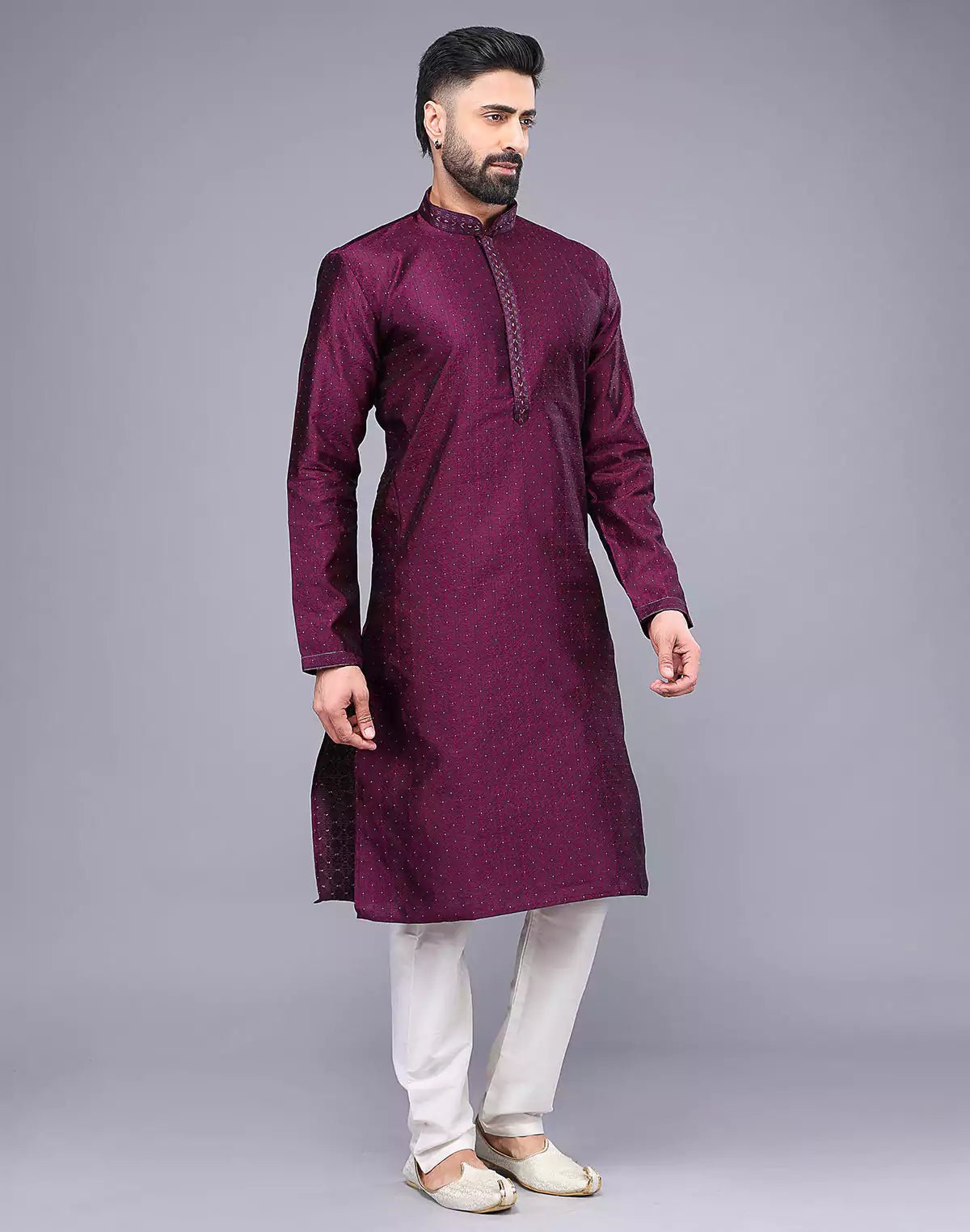 Image of Purple Floral Design Thread Embroidery Work Soft Silk Kurta Set - South India Shopping Mall