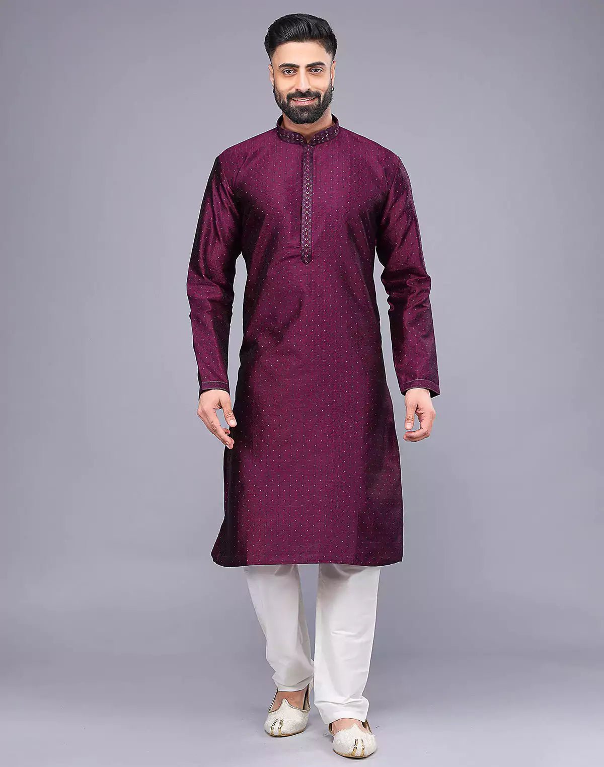 Image of Purple Floral Design Thread Embroidery Work Soft Silk Kurta Set - South India Shopping Mall