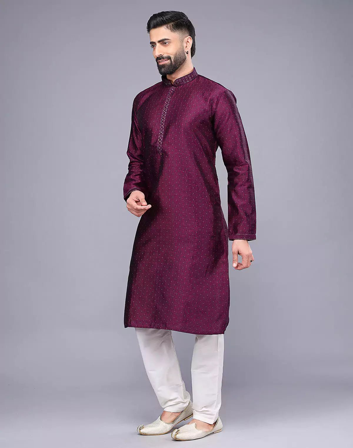 Image of Purple Floral Design Thread Embroidery Work Soft Silk Kurta Set - South India Shopping Mall